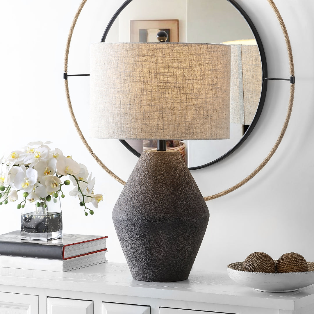 Ersta Modern Table Lamp - Earthy Brown Resin Crafted with an Organic Look and Complemented by a White Cotton Drum Shade for Elegant Interior Decor