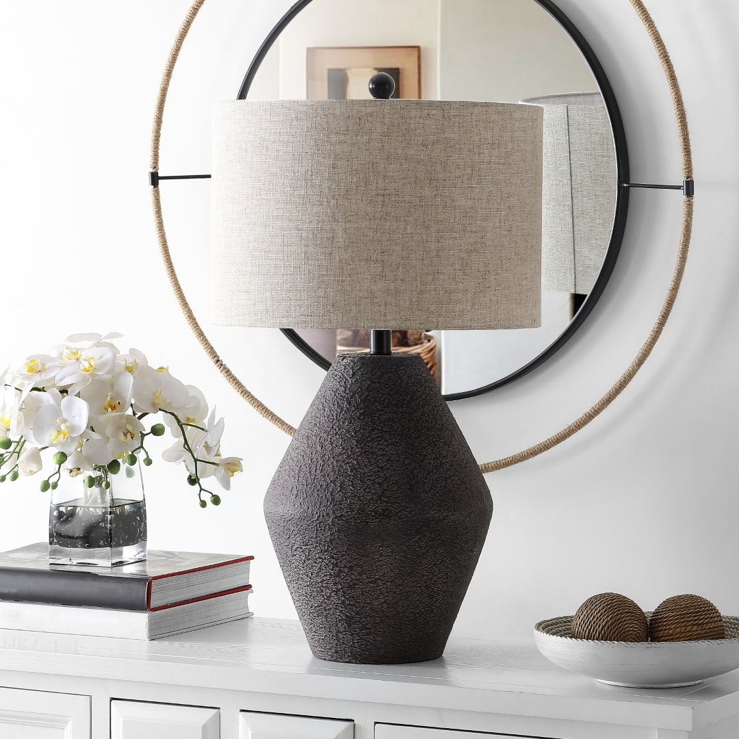 Ersta Modern Table Lamp - Earthy Brown Resin Crafted with an Organic Look and Complemented by a White Cotton Drum Shade for Elegant Interior Decor